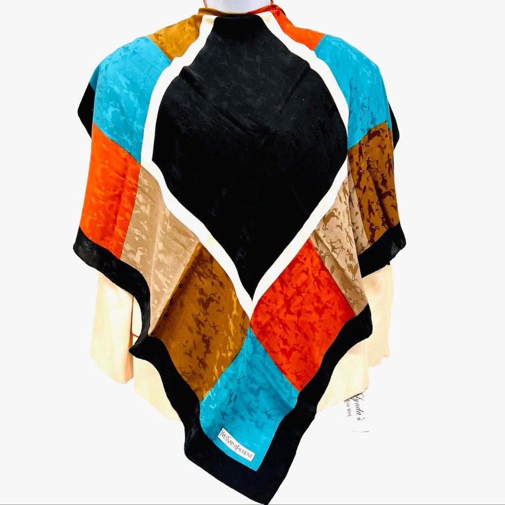 Yves Saint Laurent Ysl 100% Silk Satin Scarf 34" Color Block Blackbrown Blue (76
